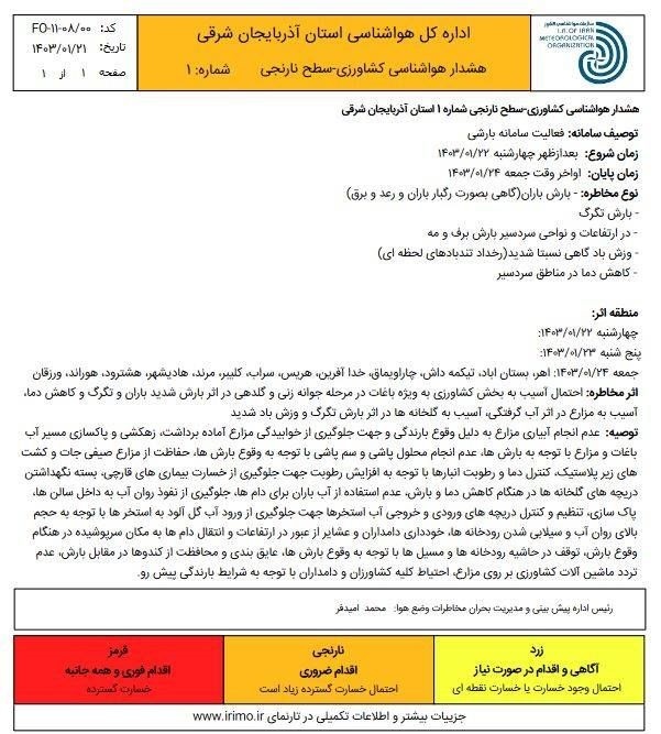 هشدار نارنجی هواشناسی کشاورزی در آذربایجان‌شرقی